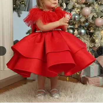 Kepçe Kabarık Leke Çiçek Kız Elbise Kürk Payetli 2023 İnciler Çay Boyu Noel Elbisesi Fermuar Geri فساتين اطفال للعيد