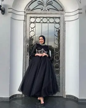 Mütevazı Siyah Dantel Uzun Kollu Abiye Dubai Arapça Kadınlar Örgün Parti Elbise Durum Balo elbise Robe de Soiree