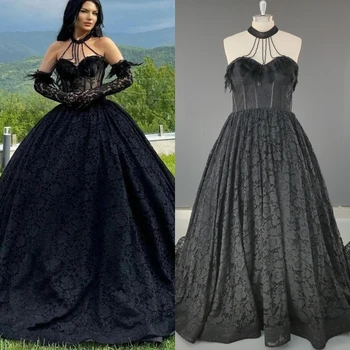 15358 # Zarif Gotik Siyah A-line düğün elbisesi Zarif Illusion Halter Boyun Aplikler Dantel gelin kıyafeti Gelin Balo Elbise