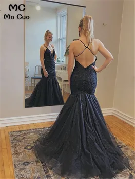 2020 Koyu Mavi Mermaid Balo abiye Uzun Aplikler Boncuklu Tül Backless elbise mezuniyet Akşam Balo Elbise