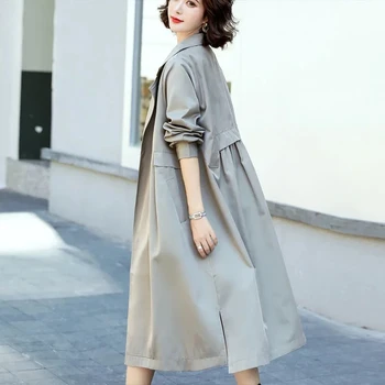 2023 İlkbahar Sonbahar Yeni Uzun Trençkot Haki kadın Moda Gevşek Mizaç Palto Katı Casual Kadın Rüzgarlık Palto