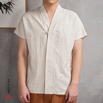 2023 İlkbahar Yaz erkek Çin Tarzı V Yaka Keten Gömlek Casual Gevşek Toka erkek tişört erkek Giyim M-4XL