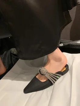 2023 İlkbahar / Yaz Zarif Rhinestone Muller Ayakkabı Fransız Sivri Düz Taban kadın ayakkabısı Giyen Sandalet Dışında 2