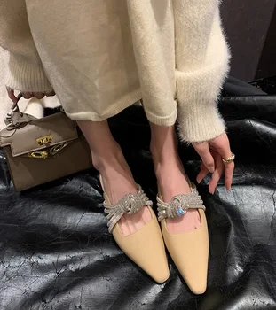 2023 İlkbahar / Yaz Zarif Rhinestone Muller Ayakkabı Fransız Sivri Düz Taban kadın ayakkabısı Giyen Sandalet Dışında 3