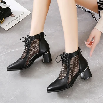 2023 Yaz Sandalet Çizmeler Kadın Yüksek Topuklu Örgü ayakkabı Kadın Sandalet İçi Boş Örgü Yakın Ayak Kalın Topuk Geri Fermuar Siyah Gri