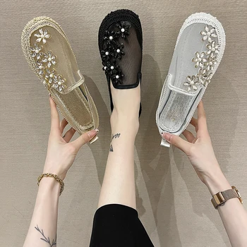 2023 Yeni Dantel Örgü Kristal çiçekli ayakkabı Kadın Konfor Nefes Yaz yürüyüş ayakkabısı Kadın Moda Slip-on Bale Daireler