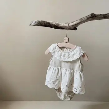 5966B Kız Bebek Giysileri 2023 Yaz Yeni Nakış Dantel Yaka kız Tek Parça Elbise Prenses Dantel Etek Tırmanma Giysi
