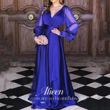 Aileen Mavi Zarif Abiye Kadınlar için 2023 Uzun Kollu Düğün Parti Kadın V Yaka Uygun İstek Elbise Gala Resmi