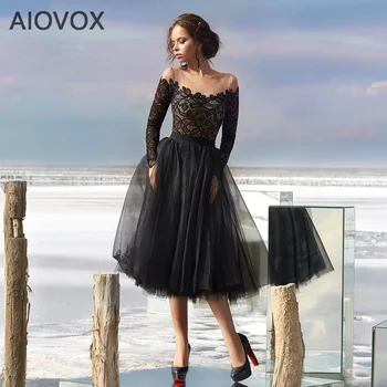 AIOVOX Tekne Boyun Kokteyl Elbise Kadınlar İçin Uzun Kollu Siyah Dantel Aplikler Resmi Balo Abiye A-Line Çay Boyu Vestidos De Noche 0