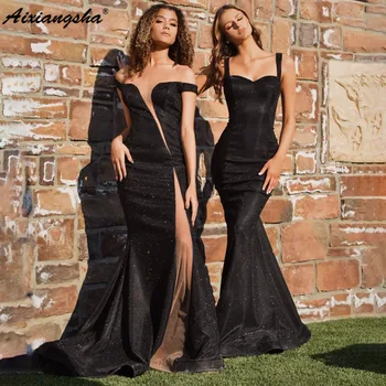 Aixiangsha Parlaklık Balo Elbise Mermaid Kapalı Omuz Akşam Elbise Yüksek Bölünmüş vestidos de noche Seksi Kadınlar İçin 2023 Custom Made