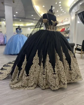 Altın Aplikler Siyah Tül Quinceanera Elbiseler Pelerin dantel-up korse Tatlı On Altı Balo Parti doğum günü Törenlerinde vestidos de 15