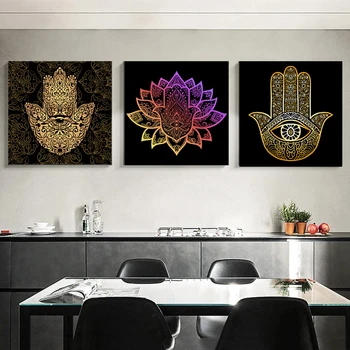 Altın Poster Fas Mandala Lotus Modern El Fatima Tuval Boyama ve Baskılar Din Resimleri Odası Ev Dekor Cuadros 1