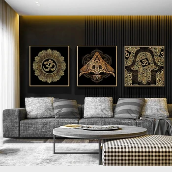 Altın Poster Fas Mandala Lotus Modern El Fatima Tuval Boyama ve Baskılar Din Resimleri Odası Ev Dekor Cuadros 3
