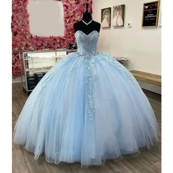 ANGELSBRIDEP Açık Mavi Balo Quinceanera Elbiseler 15 Parti Glitter Tül Aplike Örgün Masquerade Külkedisi Doğum Günü Elbisesi