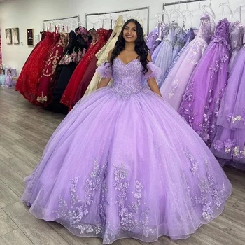 ANGELSBRIDEP Leylak Vestidos De Años Quinceanera Elbiseler Glitter Tül Aplike Dantel Tatlı 16 Prenses Doğum Günü Partisi Törenlerinde