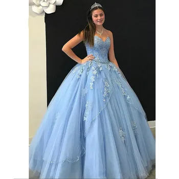 ANGELSBRIDEP Sevgiliye Mavi Balo Quinceanera Elbiseler Için 15 Parti Moda Aplike Boncuklu Prenses Doğum Günü Törenlerinde Sıcak