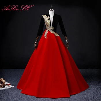 AnXin SH vintage siyah kadife uzun kollu kırmızı saten boncuk altın anka balo ruffles prenses parti gelin akşam elbise