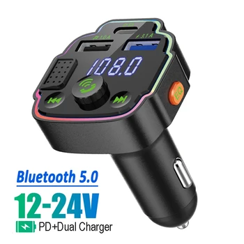 Araba Bluetooth 5.0 FM Verici Kablosuz Handsfree Ses Alıcısı Ortam ışığı Otomatik MP3 Oynatıcı 3.1 A Çift USB PD Hızlı Şarj Cihazı
