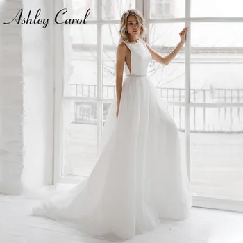 Ashley Carol A-Line düğün elbisesi 2022 Zarif Saten Scoop Backless Plaj Gelin Elbiseler Sashes Kolsuz Tül gelin kıyafeti