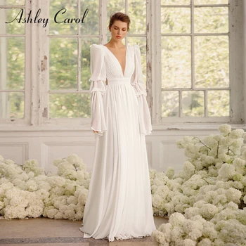 Ashley Carol A-Line düğün elbisesi 2022 Şık Derin V Yaka Dökümlü Şifon Gelin Puf Kollu Backless Dökümlü gelinlikler