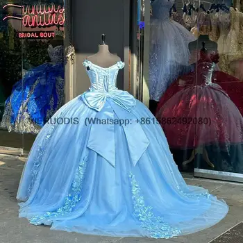 Açık Mavi Yay Geri Quinceanera Elbise Balo Kapalı Omuz 3D Çiçekler Aplikler Mezuniyet 7th Vestido De XV Anos