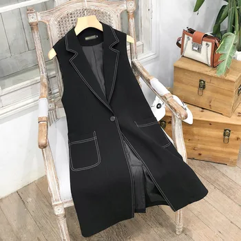 Bahar Siyah Uzun Takım Elbise Yelek Kadın Kore Tarzı Kolsuz İnce Büyük Boy Kolsuz Düğme Takım Elbise Ceket Xxxl Kızlar Streetwear
