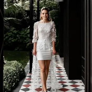 Basit kısa düğün elbisesi 2023 Tren Dantel Aplikler Backless Kat Uzunluk Üç Çeyrek gelin kıyafeti Kadın Vestidos De Novia