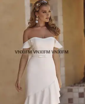 Basit Off-omuz Mermaid Gelinlik Ruffles Yüksek düşük gelinlik Vestido de Novia Düğün Resepsiyon Elbise 2