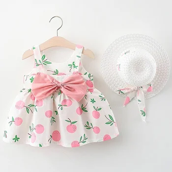 bebek kız elbise yay çiçek yaz sundress pamuk nokta baskı askı elbise + sunhat 2 adet prenses parti 1 2 yıl doğum günü giysileri 0