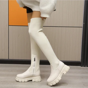 Beyaz Uyluk Yüksek Çizmeler Kadın Seksi Platformu Chelsea Çizmeler Yeni Kış Streç Kumaş Diz Üzerinde Çizmeler Yuvarlak Ayak Serseri ayakkabı Bayan