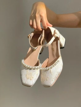 Beyaz Zarif Mary Janes Ayakkabı Kadın İnci Dize Vintage Tatlı Ayakkabı Pompaları Kadın Çiçek Baskı Fransa Peri Ayakkabı 2023 Yaz