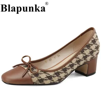 Blapunka Retro Kadın Koyun Derisi Deri Blok Topuklu Ayakkabı Tatlı Güzel papyon Balıksırtı Pompaları Orta Topuklu Ayakkabı Bahar Sonbahar