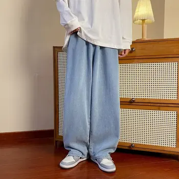 Büyük boy Baggy Kot Erkekler için Katı Denim Pantolon Rahat Düz Geniş Pantolon Moda Streetwear Artı Boyutu Dipleri Erkek Giysileri