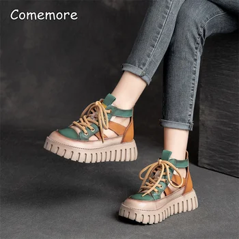 Comemore 2023 Yeni Yaz Platformu Orta topuklu sandalet Botları Rahat Moda Hakiki PU Deri Trendi Kadın Sandalet Roma Ayakkabı 40