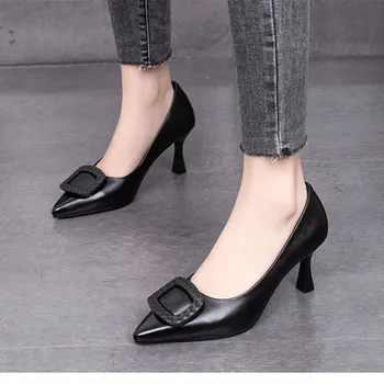Cresfimix Sapatos Femininas Kadın Moda Tatlı Sivri Burun Siyah Pu Deri Yüksek Topuk Ayakkabı üzerinde Kayma Bayan Serin Ofis Topuk A9450