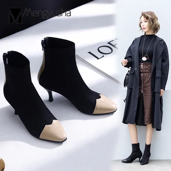 Deri patchwork yüksek topuklu şövalye çizmeler kadın ingiliz 2019 kare ayak streç chelsea patik kadın özel boyut 40-43 ayakkabı