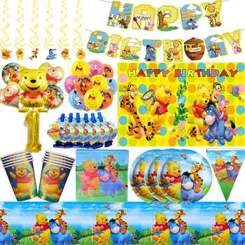Disney Winnie Pooh Birthbay Parti Süslemeleri Tek Kullanımlık Sofra Seti Fiol Balonlar Kilds Bebek Duş Parti Malzemeleri Hediyeler