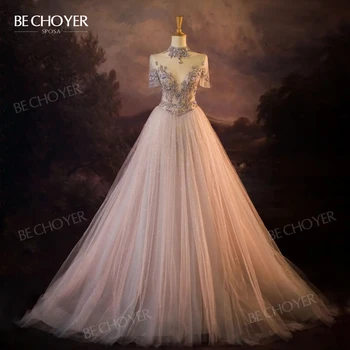 Düğün elbisesi A-Line Kristal Akşam Gelin Kıyafeti 2023 Mahkemesi Tren Plaj Prenses BECHOYER XH186 Artı Boyutu Parti Vestido de Noiva