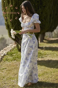 Easysmall Ev Fransız Vintage Dantel Kare Boyun Kabarcık Kollu Parçalanmış Çiçek Elbise Mizaç Bel Wrap üst giysi Tatil