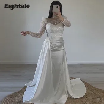Eightale Lüks Akşam Elbise Ayrılabilir Etek Uzun Kollu Beyaz Saten Mermaid Balo Parti Törenlerinde robe de soirée femme