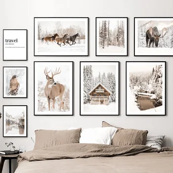 Elk At Kartal Göl Orman Kar Ev Sahne Sanat tuval Boyama İskandinav Posterler Ve Baskılar Duvar Resimleri Için Oturma Odası Dekor