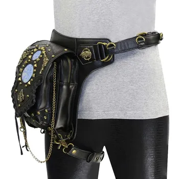 Erkekler / Kadınlar Gotik Perçin Siyah PU Deri Steampunk Yardımcı omuzdan askili çanta Retro Punk Uyluk Kılıf Bel Çantaları Korseler Aksesuarları