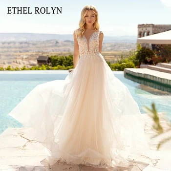 ETHEL ROLYN A-Line düğün elbisesi 2022 Narin Kristal Boncuklu Aplikler Backless Gelin V Yaka Kolsuz Dökümlü Plaj gelin kıyafeti