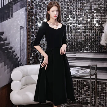 gece elbisesi Siyah Smokin 2023 Yeni Mizaç Orta Uzunlukta Fransız Tarzı Elbise Kare Boyun Ziyafet Gece Elbisesi