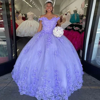 GUXQD Balo Leylak Kadın Quinceanera Elbiseler Tül Mahkemesi Tren Aplikler 3D Çiçekler Balo Doğum Günü Partisi Törenlerinde elbiseler de soirée