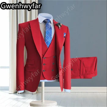 Gwenhwyfar Moda Kırmızı erkek Batı Slim Fit Yaka Parti Düğün Damat Sağdıç 3 Parça Set (Blazer + Yelek + Pantolon)