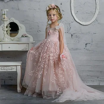 Güzel 3D Aplike Çiçek Kız Elbise Backless Pageant Törenlerinde Düğün Ve Doğum Günü İçin Tül Sweep Tren Çocuk Pageant Elbise