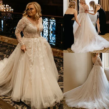 Güzel Artı Boyutu Dantel düğün elbisesi V Boyun Uzun Kollu Özel Kilise gelinlikler 2023 Bir Çizgi Tül Ülke Gelin Romantik