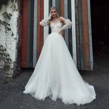 Güzel El Sanatları düğün elbisesi Yarım Kollu Sevgiliye gelinlikler A-line Noktalı Tül Sashes Gelinler Elbiseler Abito Da Sposa