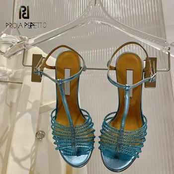 Güzel Elmas Kayış Kristal Sandalet Ayakkabı Ayak Bileği T-kayışı 2023 Yaz Narin İnce Topuk moda elbise Ayakkabı Şık Güzel Sapatos